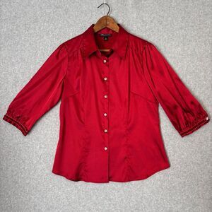 I.N. Studio Petite Large‎ Women's Red Blouse 3/4 Sleeve Velvet Trim Sexy Top